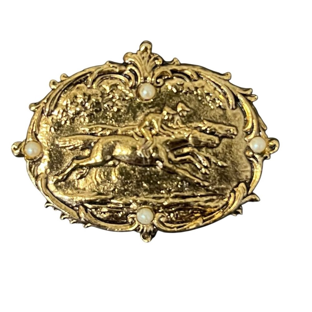 Vintage Horse Racing Brooch Gold Tone Faux Pearl Equestrian Pin Jockey Rider